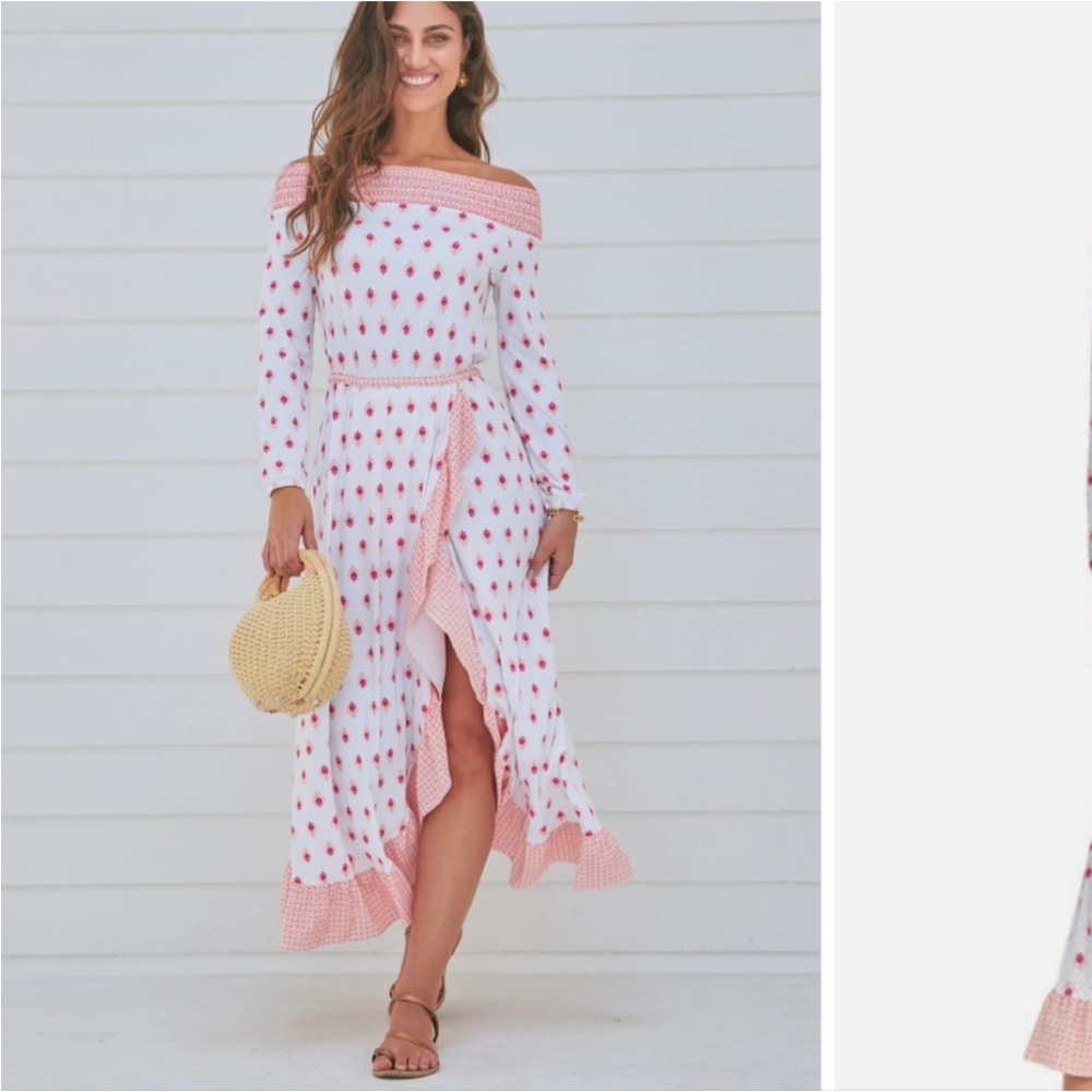 Cabana Life - Tulum Off the Shoulder Maxi Dress - White & Orange - Size Large